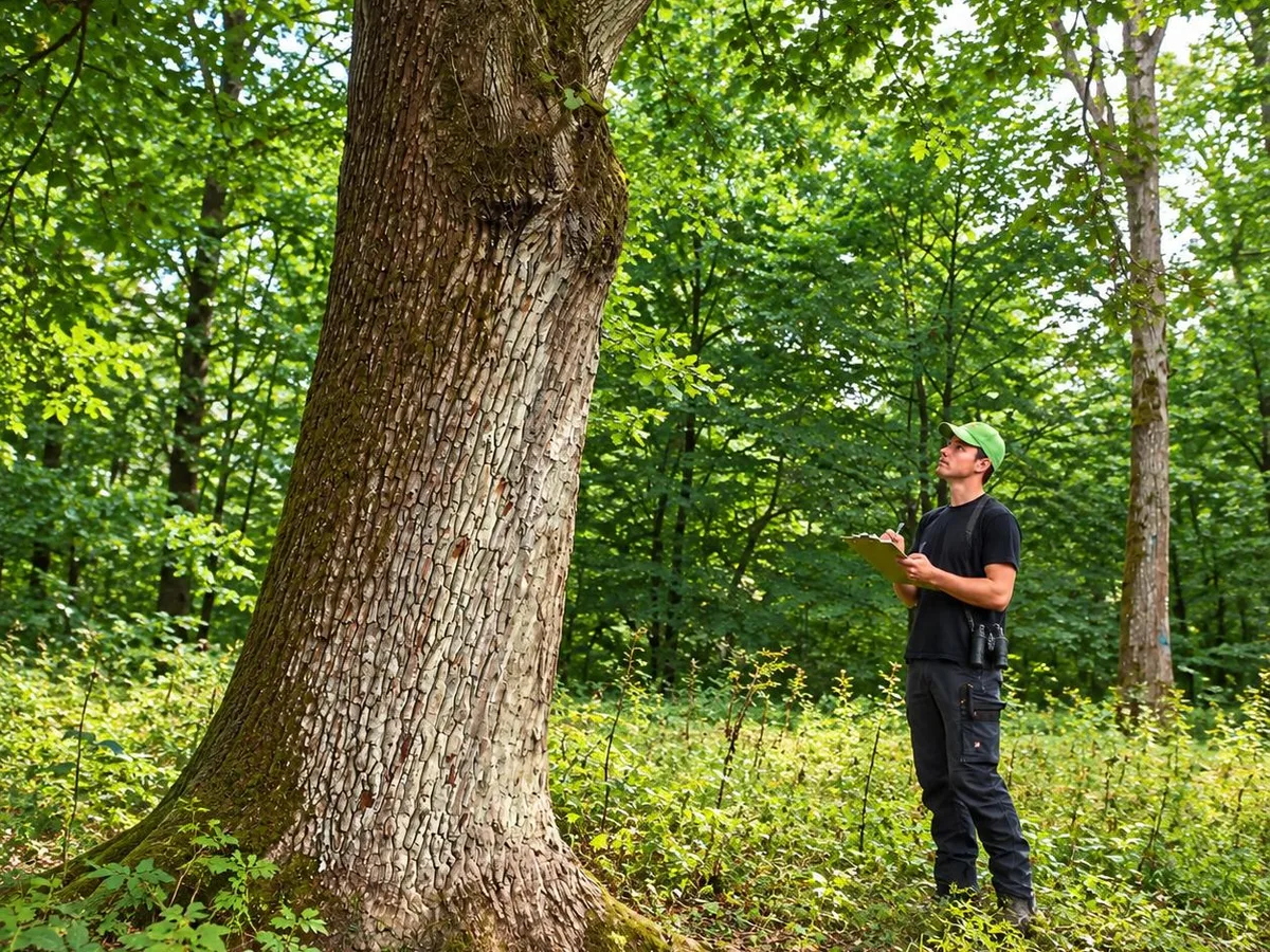 Baumkontrolle: Begutachtung eines alten Laubbaums im Bestand